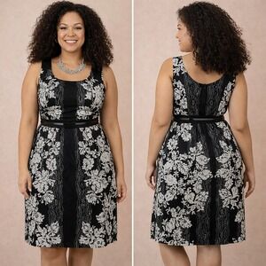 City Chic Black Floral Print Sleeveless Fit Flare Belted Dress Size 16